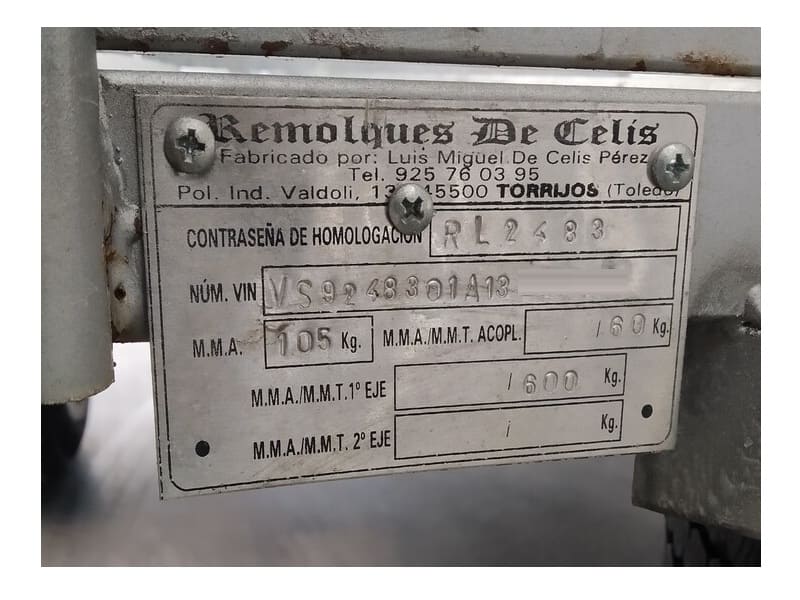 PLACA HOMOLOGACIÓN REMOLQUE DE CELIS