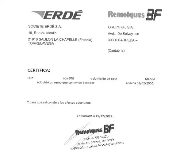 Certificado de adquisición remolques Erdé
