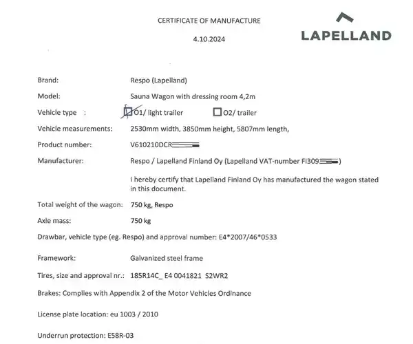 Certificado de fabricación remolques Lapelland